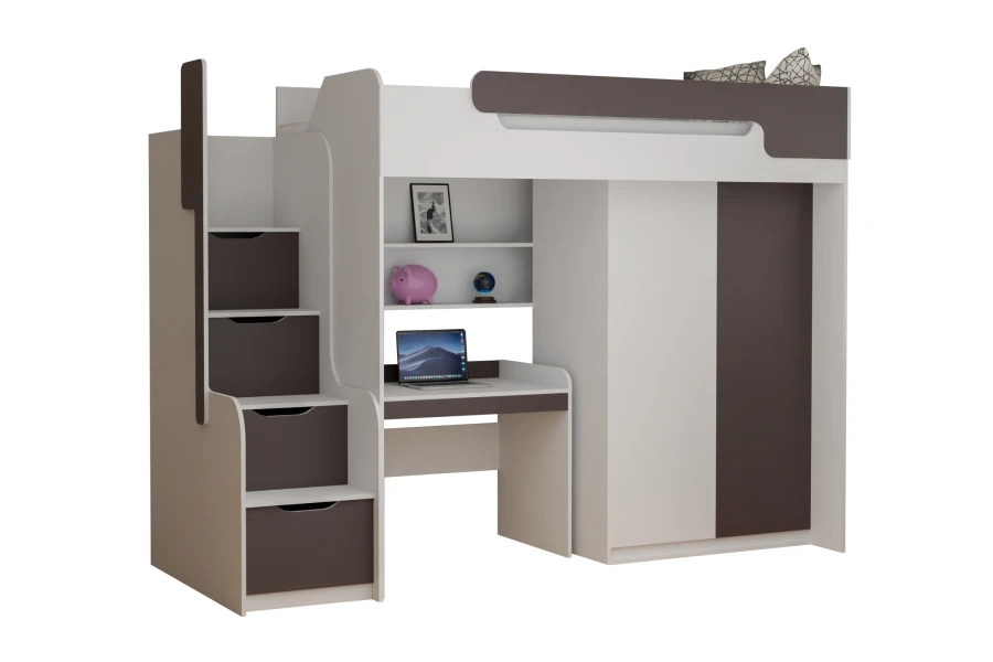 Modernes Hochbett in Weiß und Grau mit integriertem Schreibtisch, Kleiderschrank und Treppenschubladen.