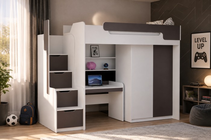 Eingerichtetes Kinderzimmer mit grau-weißem Hochbett, Schreibtisch und praktischem Stauraum.