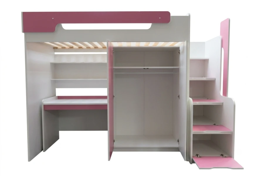 Pinkes Multifunktionsbett mit offenem Schrank und Schubladen in der Treppe.