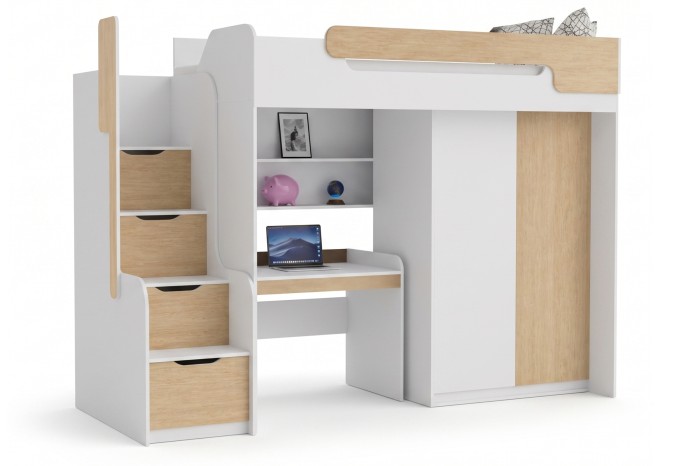 Platzsparendes Hochbett in Eiche-Optik und Weiß mit Schreibtisch und Regal.