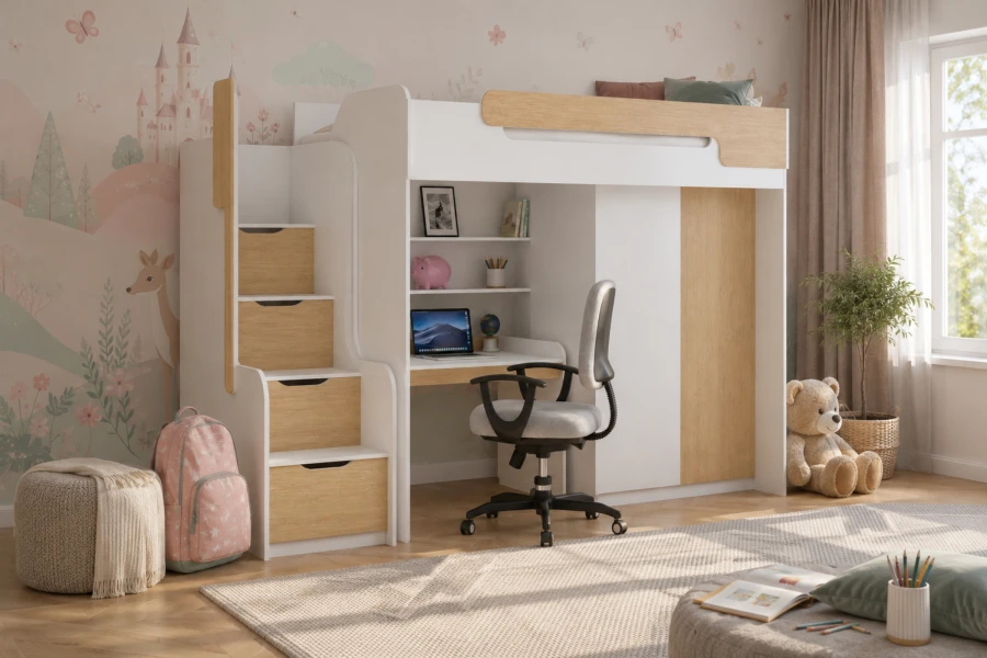 Kinder-Hochbett mit Arbeitsplatz im Mädchenzimmer mit Märchen-Wandtattoo.