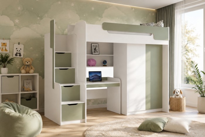 Grünes Hochbett im Kinderzimmer mit Stauraum-Treppe und gemütlicher Deko.