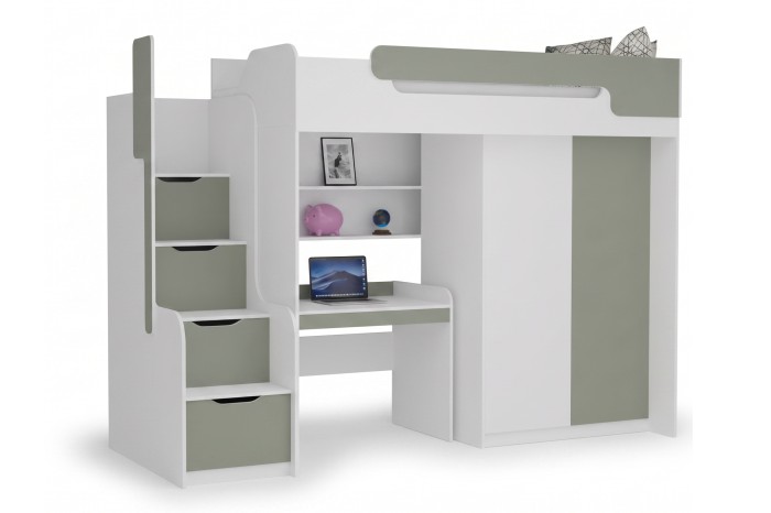 Modernes Kombi-Hochbett in Grau und Weiß mit Schreibtisch, Kleiderschrank und viel Stauraum.