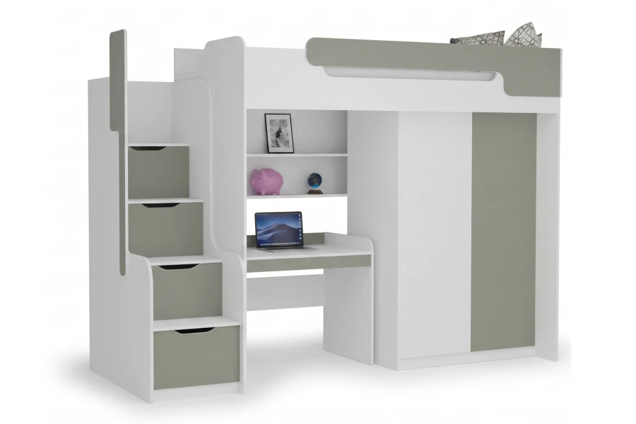 Modernes Kombi-Hochbett in Grau und Weiß mit Schreibtisch, Kleiderschrank und viel Stauraum.