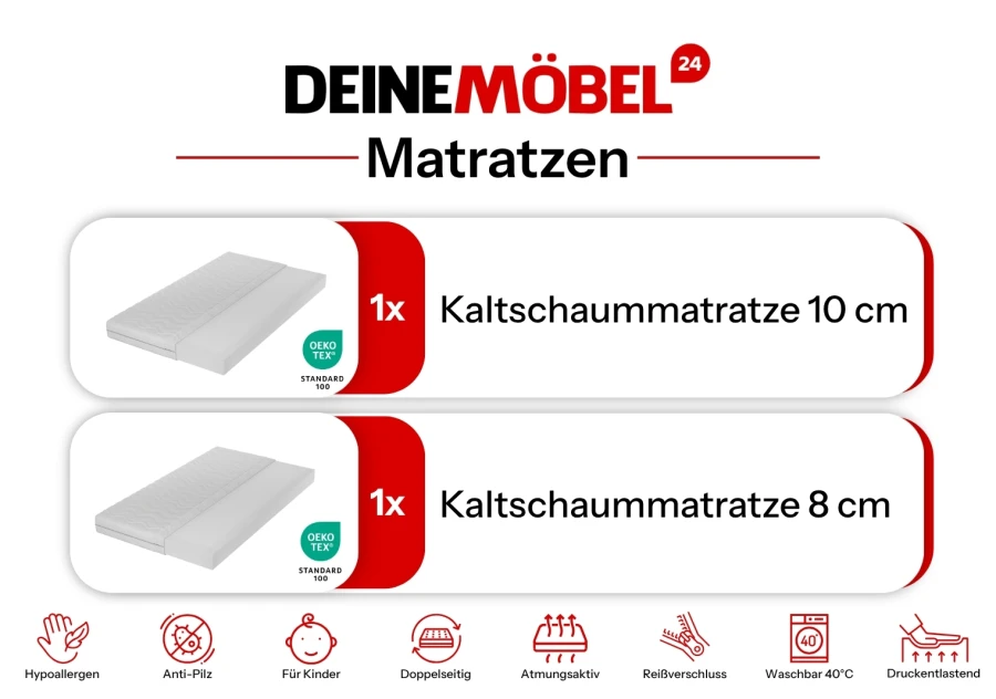 Set aus 8 cm und 10 cm Kaltschaummatratzen von DeineMöbel24, atmungsaktiv und hypoallergen für Kinder.