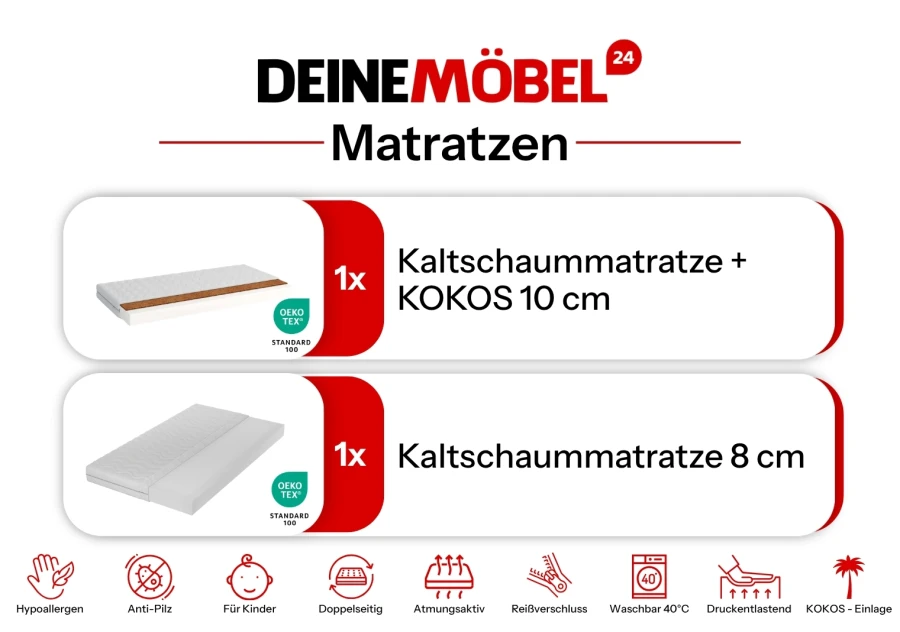 Kindermatratzen-Set: 10 cm Kaltschaummatratze mit Kokosschicht und 8 cm Kaltschaummatratze von DeineMöbel24.