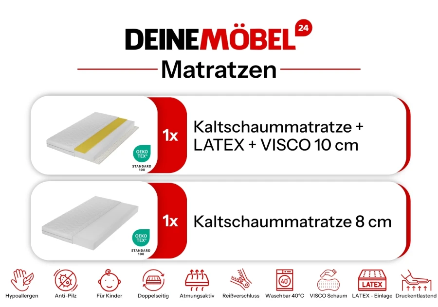 Matratzen-Set von DeineMöbel24: 10 cm Kaltschaum mit Latex und Visco sowie eine 8 cm Kaltschaummatratze.