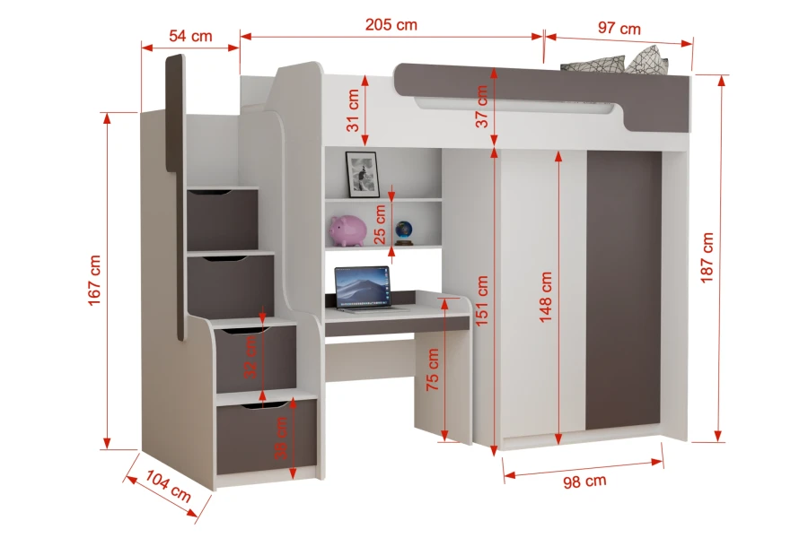 Detaillierte Maße für platzsparendes Hochbett mit Schreibtisch, Schrank und Treppenstufen in Grau-Weiß.