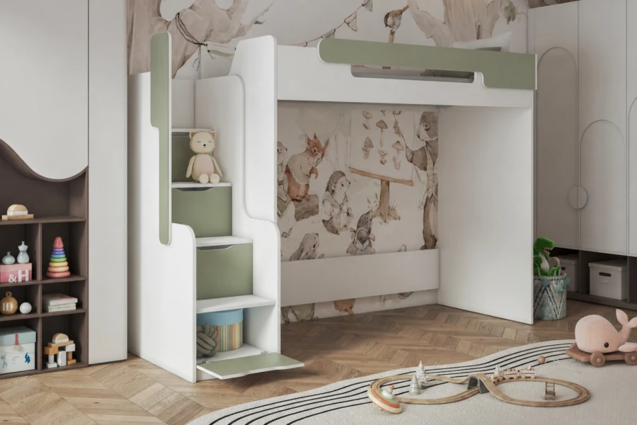 Modernes Kinderhochbett in Weiß und Grün mit Treppe und Stauraum im Kinderzimmer.