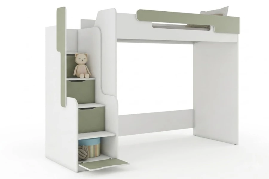 Weiß-grünes Hochbett mit Treppenstufen und Schubladen für Kinder vor weißem Hintergrund.
