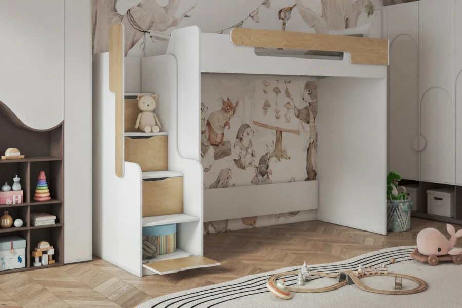 Weißes Kinder-Hochbett mit Treppe und Stauraum in einem liebevoll dekorierten Kinderzimmer.