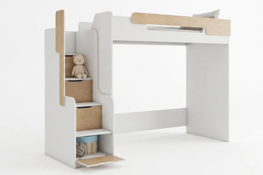 Freigestelltes Kinder-Hochbett in Weiß und Holzoptik mit funktionaler Treppe und Schubladen.