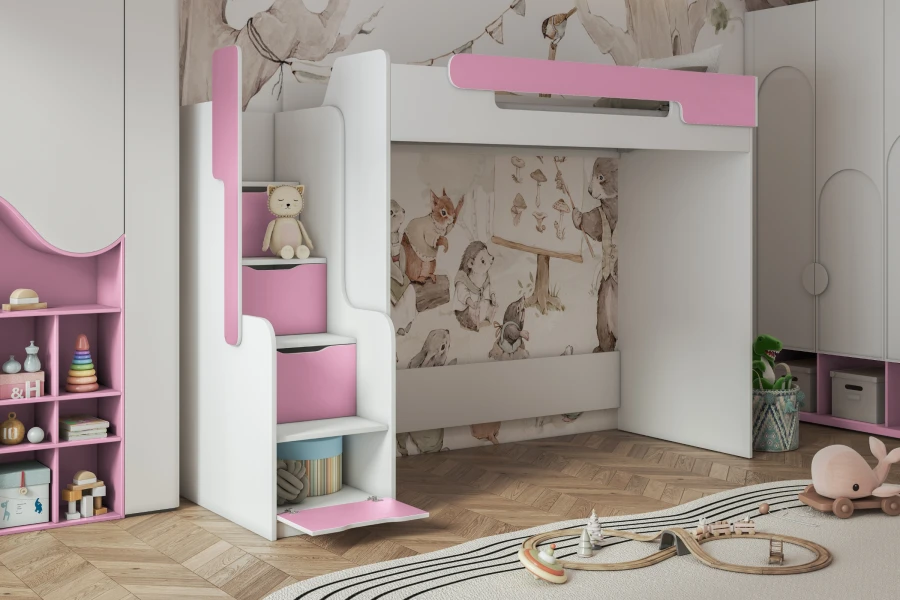 Rosa-weißes Hochbett für Kinder mit Treppenaufgang und praktischem Stauraum im Kinderzimmer.