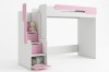 Weiß-rosa Hochbett für Kinder mit Treppenstufen und integriertem Stauraum.