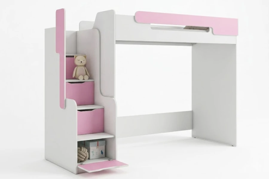 Weiß-rosa Hochbett für Kinder mit Treppenstufen und integriertem Stauraum.