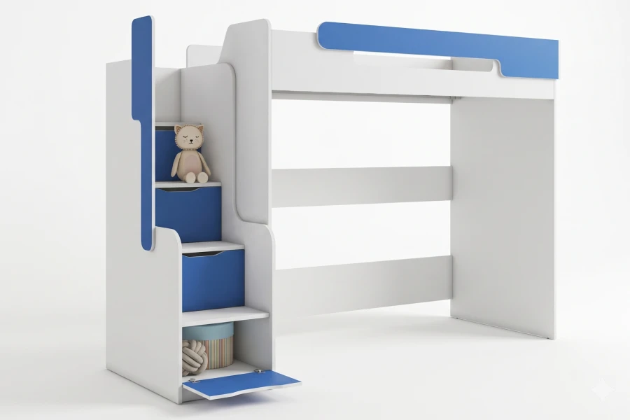 Weißes Kinder-Hochbett mit blauen Akzenten und Treppe mit integriertem Stauraum.