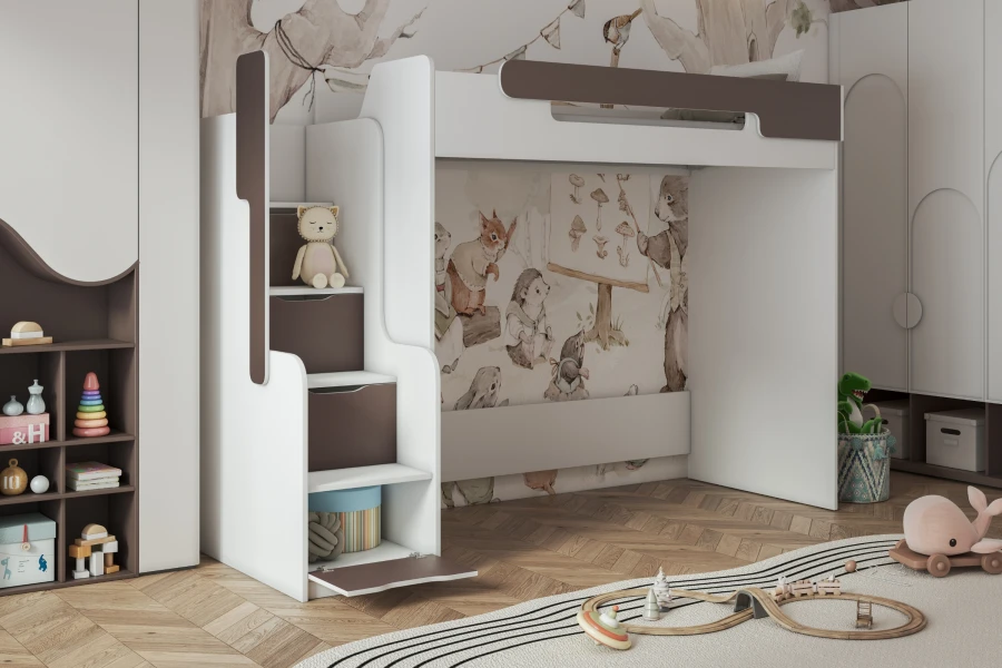 Stilvolles Kinder-Hochbett in Grau-Weiß mit Stauraumtreppe im liebevoll dekorierten Zimmer.