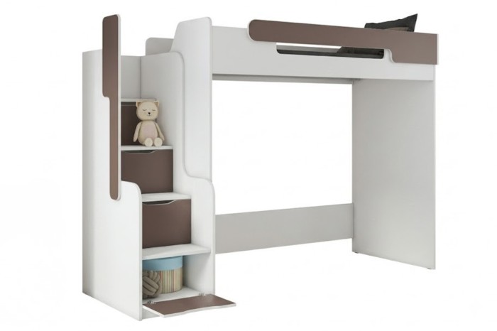 Weiß-graues Hochbett für Kinder mit praktischer Treppe und Stauraum auf weißem Hintergrund.