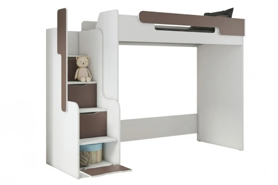 Weiß-graues Hochbett für Kinder mit praktischer Treppe und Stauraum auf weißem Hintergrund.