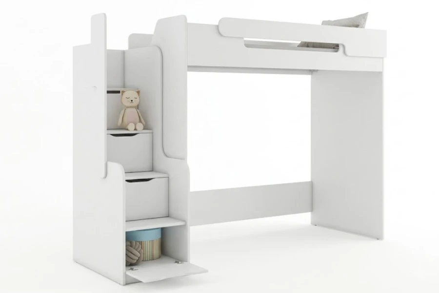 Modernes weißes Hochbett mit integrierter Stauraumtreppe und praktischen Schubladen.