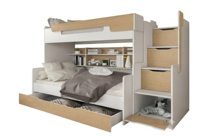 Modernes Etagenbett in Weiß und Eiche mit Treppenstufen, Schubladen und integriertem Regal.
