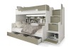 Etagenbett in Weiß und Olivgrün mit praktischer Treppe und viel Stauraum für das Kinderzimmer.
