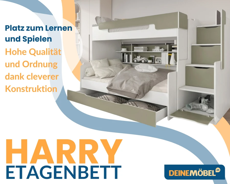 Harry Etagenbett von DeineMöbel24 – Platz zum Lernen, Spielen und für mehr Ordnung im Kinderzimmer.