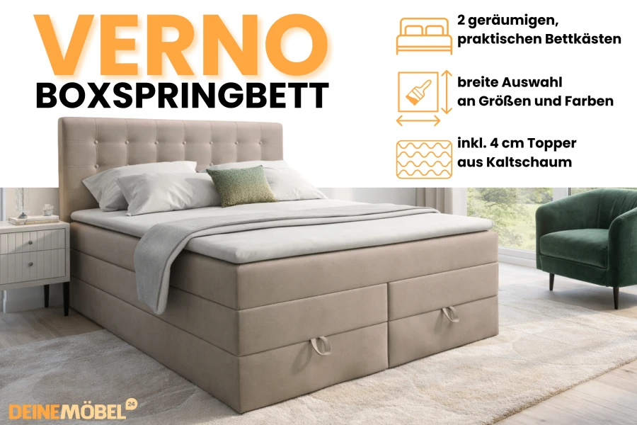 Verno Boxspringbett Vorteile: 2 Bettkästen, Farbauswahl, verschiedene Größen und 4cm Kaltschaum-Topper.