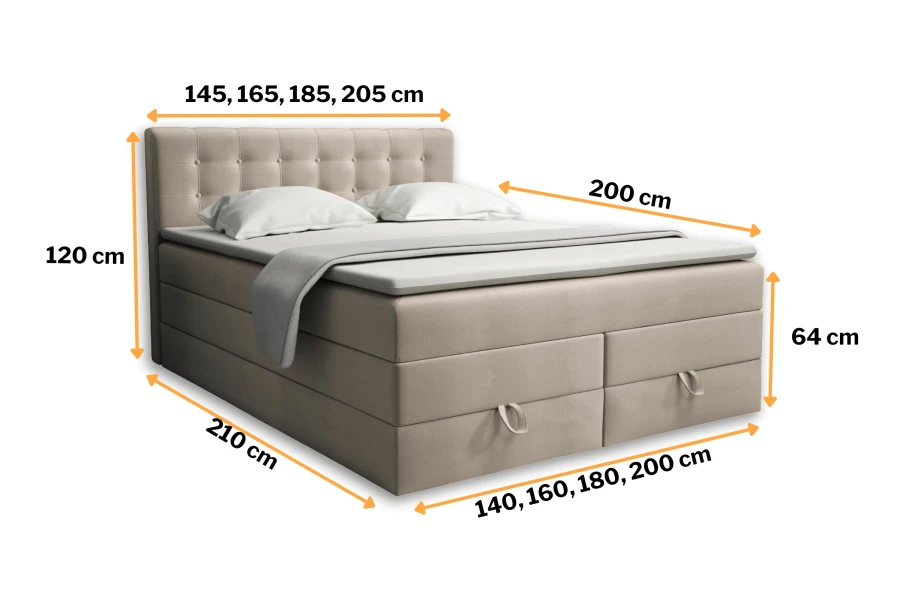 Maße des Verno Boxspringbetts: Breite 140-200cm, Tiefe 210cm, Höhe 64cm mit gepolstertem Kopfteil.