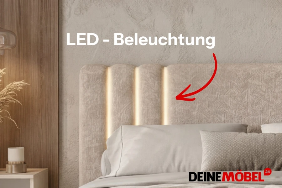 JASMIN upholstered bed in beige chenille fabric with LED lighting