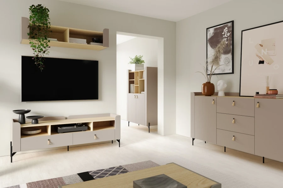 Wohnzimmer-Einrichtung Sovi in Taupe mit Sideboard und TV-Unterteil.