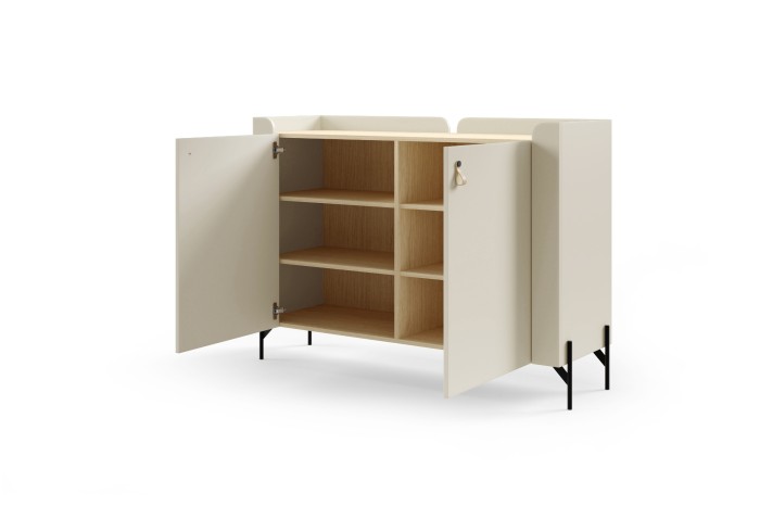Geöffnete beige Kommode zeigt Innenfächer aus hellem Eichenholz.