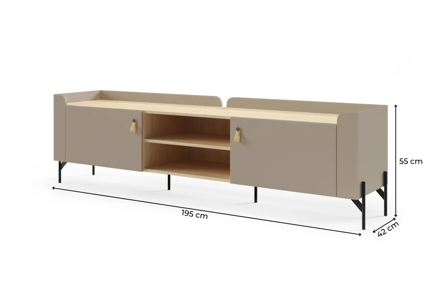 TV-Lowboard in Porcini und Eiche mit Maßen: 195 cm x 55 cm x 42 cm.