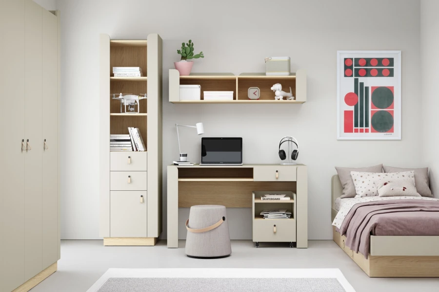 Modernes Jugendzimmer-Set in Beige und Eiche mit Schreibtisch, Bett und Regalen.