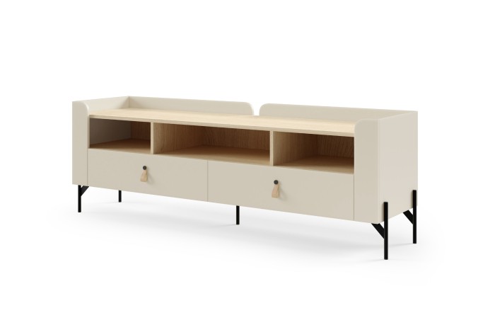 Modernes TV-Lowboard in Beige mit zwei großen Schubladen und offenen Fächern.