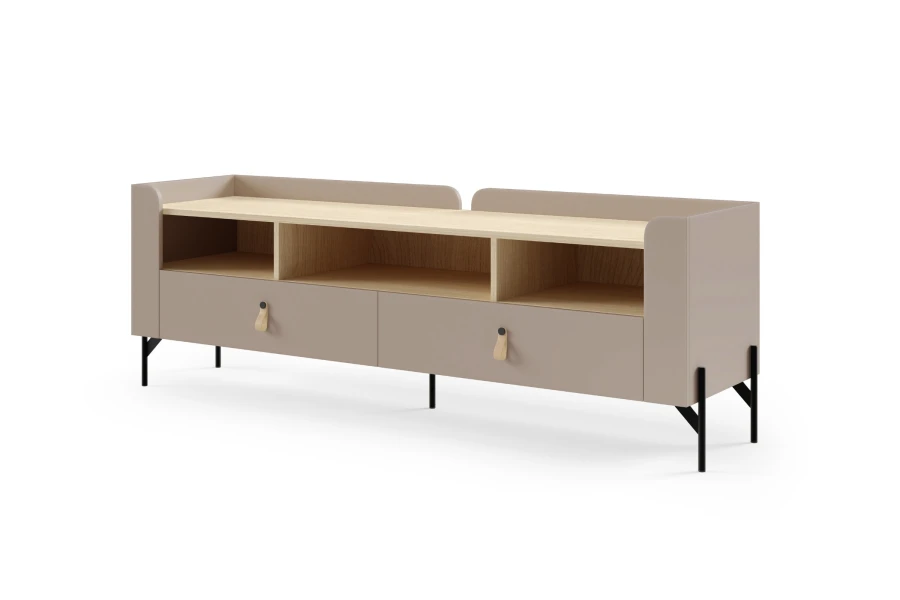 Modernes TV-Lowboard in Taupe und Eiche mit schwarzen Metallbeinen und Lederschlaufen als Griffe.