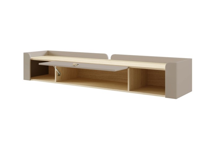 Geöffnetes Wandregal aus der SOVI Kollektion in Beige und Holzoptik.