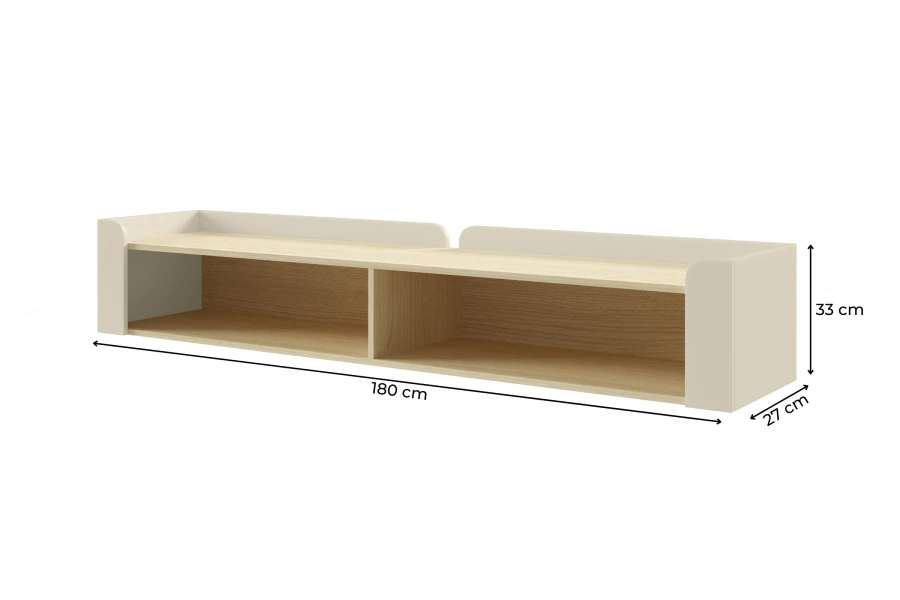 Maßangaben für Wandregal Sovi SA11: 180 cm Breite, 33 cm Höhe und 27 cm Tiefe.