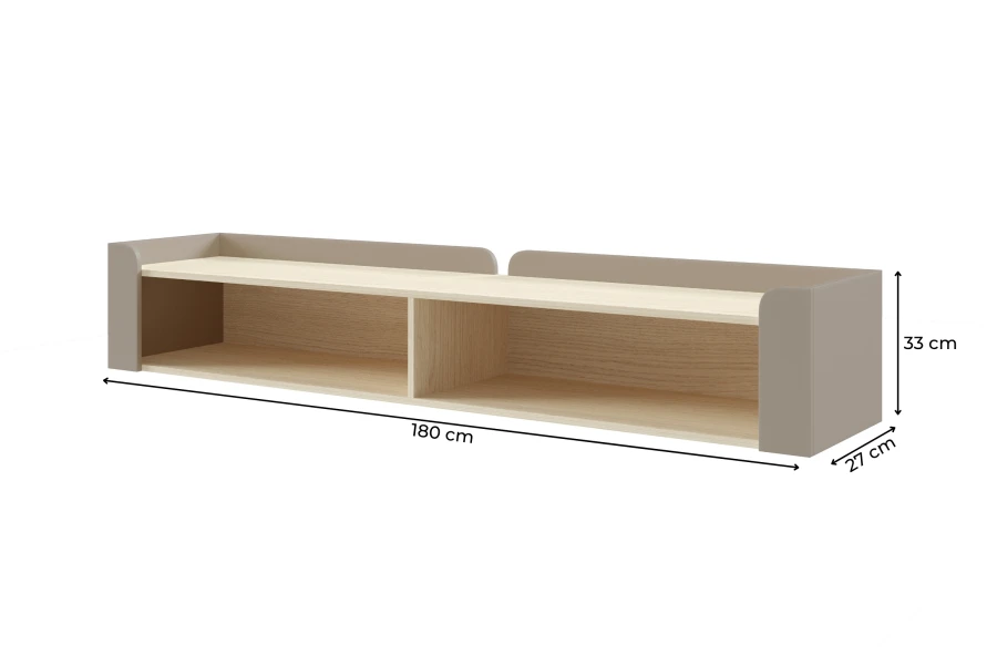 Maße des Wandregals der Sovi Kollektion: 180 cm Breite, 33 cm Höhe, 27 cm Tiefe.