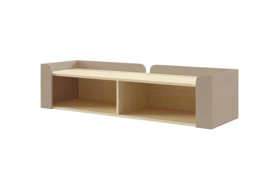 Schlichtes Wandboard in Eiche Dekor und Beige zur Wandmontage im Arbeitszimmer.