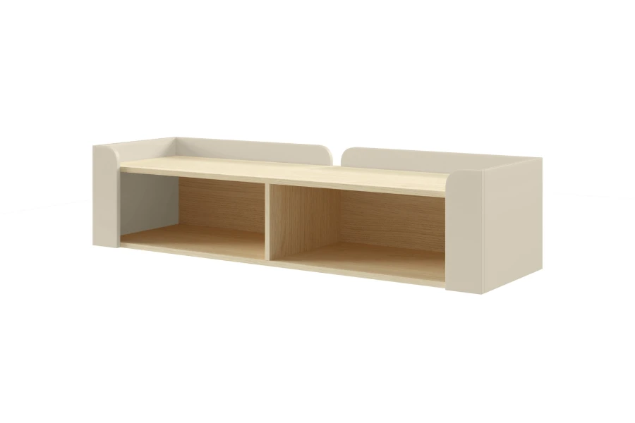 Schlichtes Wandregal mit zwei Fächern in Eiche-Optik und Beige für das Kinderzimmer.