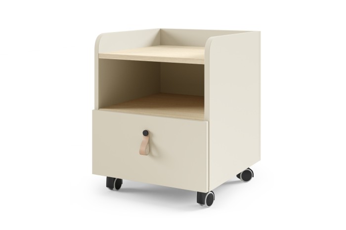 Beiger Rollcontainer mit Schublade und offenem Fach für das Jugendzimmer.