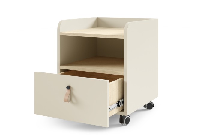 Geöffneter Nachttisch auf Rollen in Beige mit stilvollem Ledergriff.