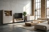 Wohnzimmereinrichtung im Industrial Style mit taupe-farbenen Möbeln vor einer Sichtbetonwand.