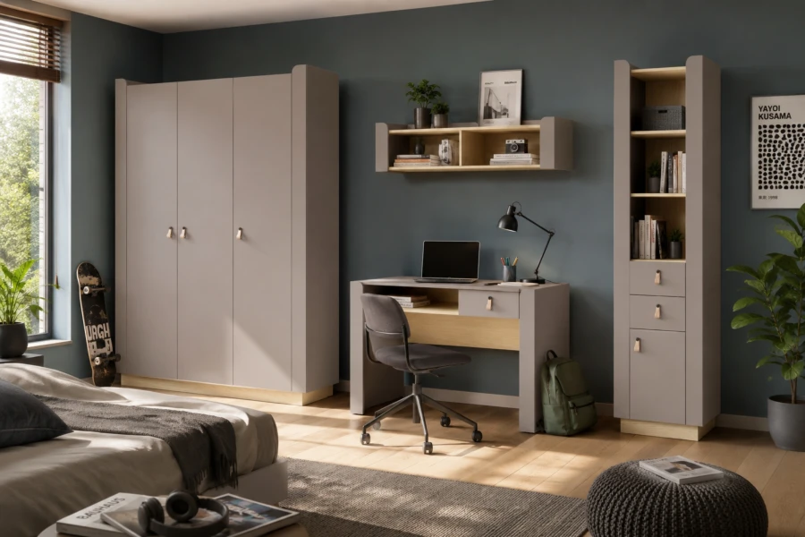 Jugendzimmer-Einrichtung in Grau und Eiche mit Schreibtisch und Regalsystem.