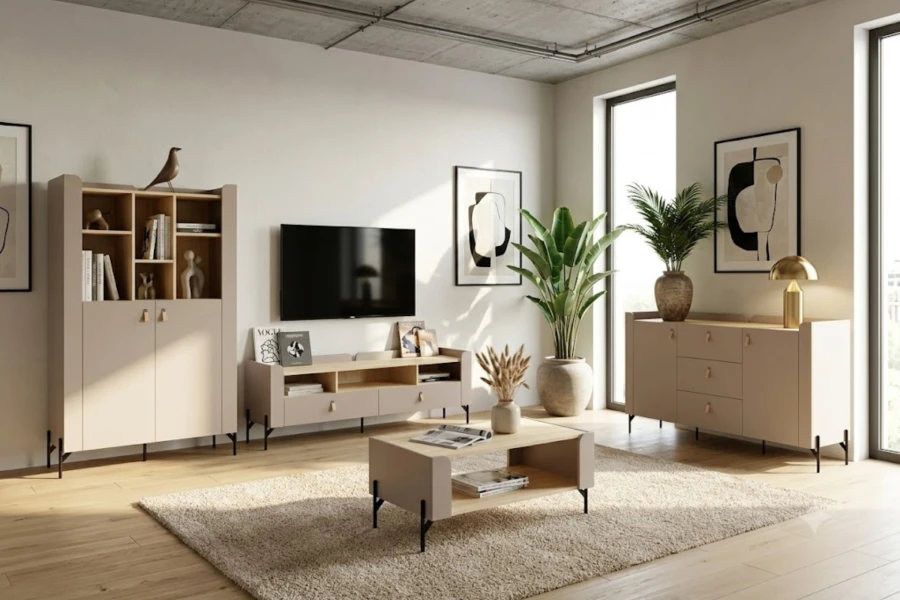 Modernes Wohnzimmer-Set in Beige und Eiche bestehend aus TV-Board, Highboard und Sideboard.