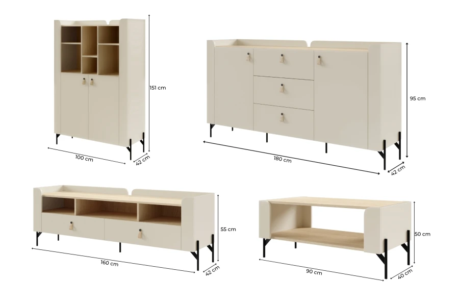 Maße für Highboard, Sideboard, TV-Lowboard und Couchtisch der Sovi Kollektion.