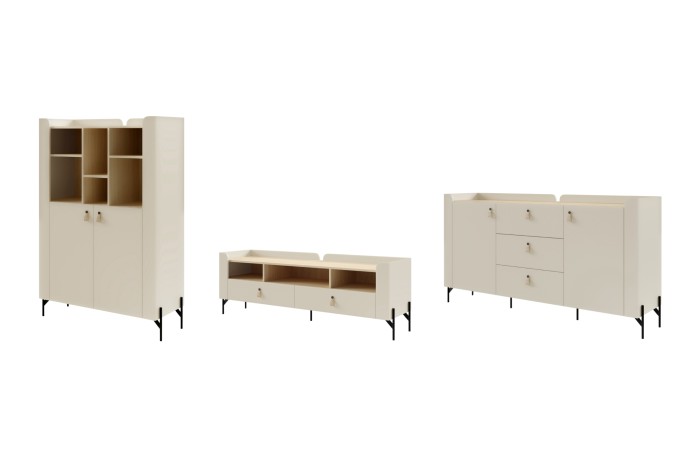 Moderne Möbelkombination für das Wohnzimmer in hellem Beige und Eiche Dekor.