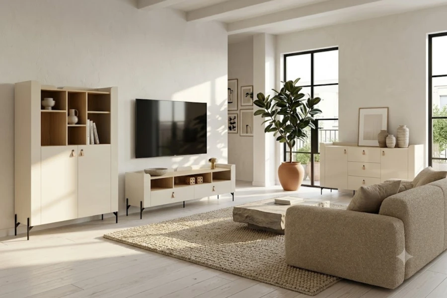 Helles, minimalistisches Wohnzimmer-Set in Beige mit TV-Lowboard, Highboard und modernem Sofa.