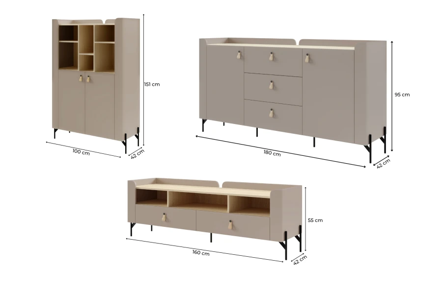 Übersicht der Maße für Highboard, Sideboard und TV-Lowboard in Zentimetern.